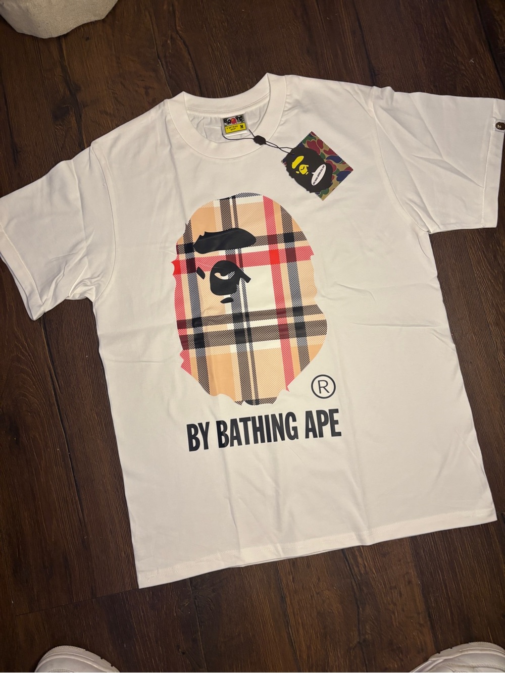 Bape White Tee with Beige & Red Plaid Ape Head